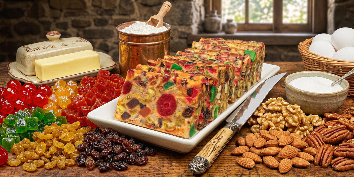 Sliced Claxton Fruit Cake on a white platter, surrounded by candied cherries and pineapple, golden raisins, walnuts, pecans and almonds.