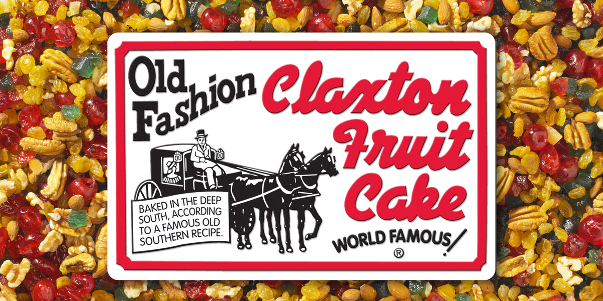 Old Fashion Claxton Fruit Cake logo over candied fruit, raisins and nuts.