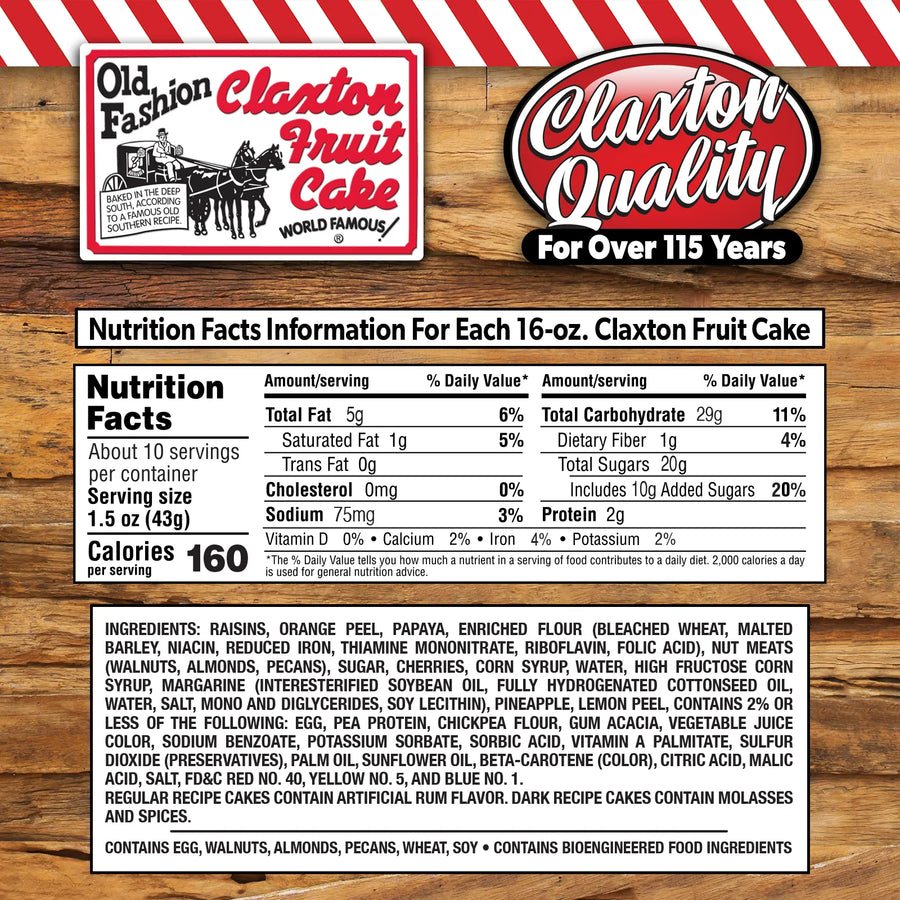 Claxton Fruit Cake nutrition facts and product label