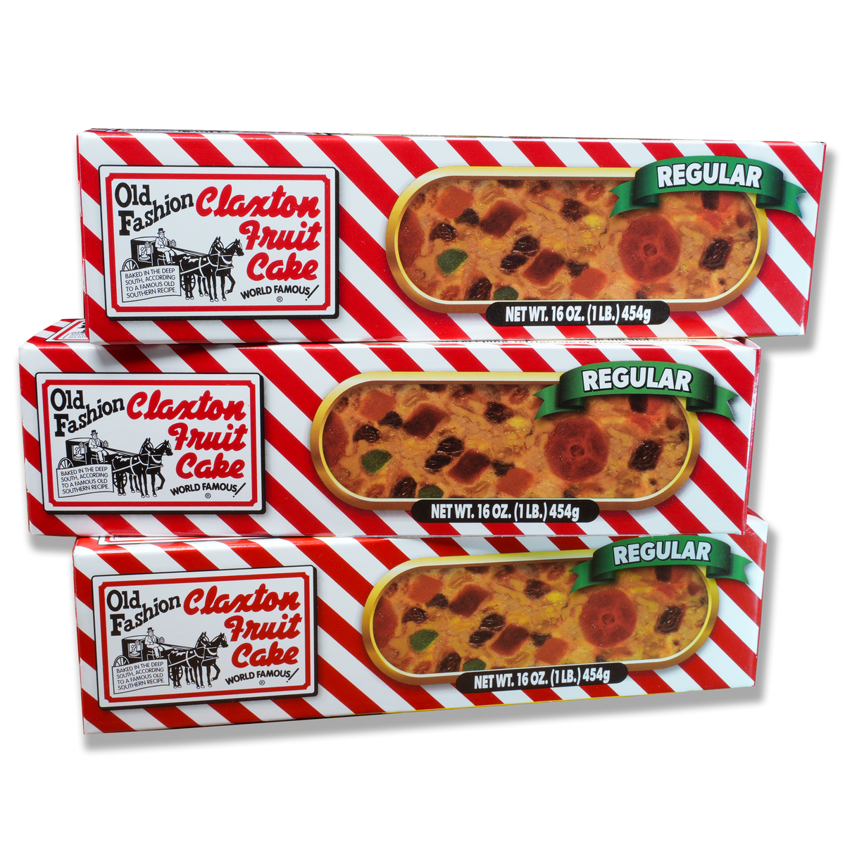 Claxton Fruit Cake 3-Pack individually wrapped 1 lb. fruit cakes in colorful gift cartons