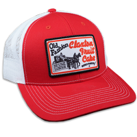 Red Claxton Fruit Cake sports cap with embroidered vintage bakery logo