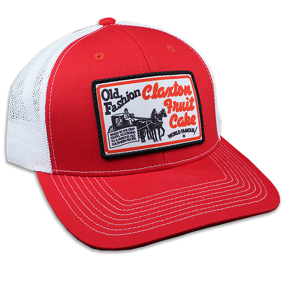 Red Claxton Fruit Cake sports cap with embroidered vintage bakery logo