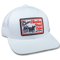 White Claxton Fruit Cake sports cap with embroidered vintage bakery logo