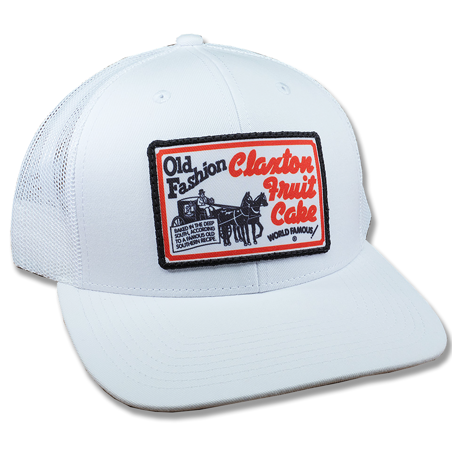 White Claxton Fruit Cake sports cap with embroidered vintage bakery logo