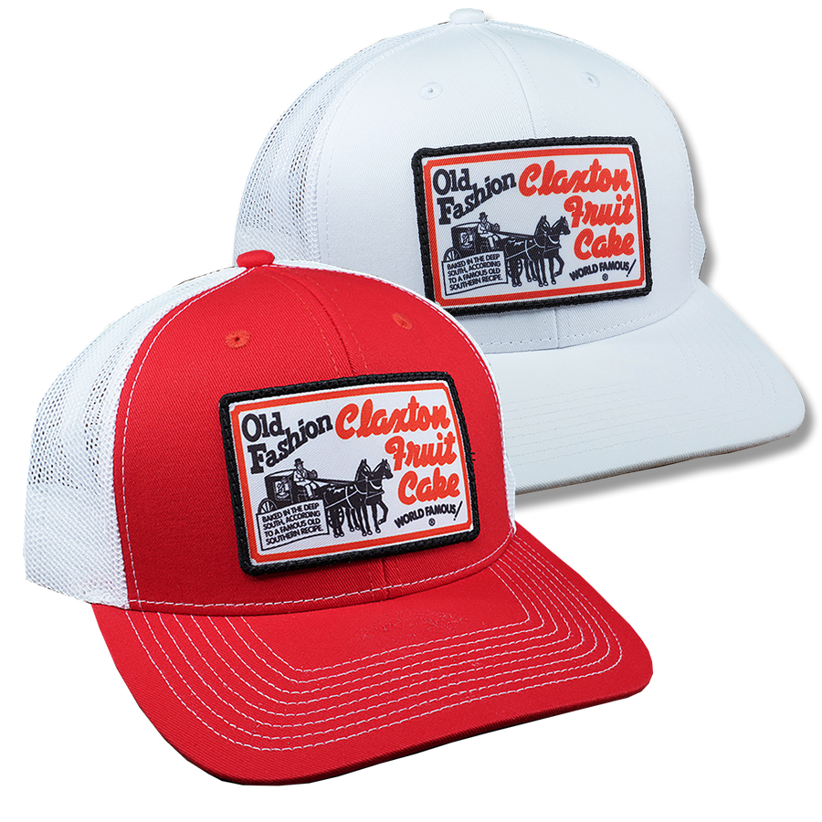 Claxton Fruit Cake sports caps in red and white with vintage bakery logo