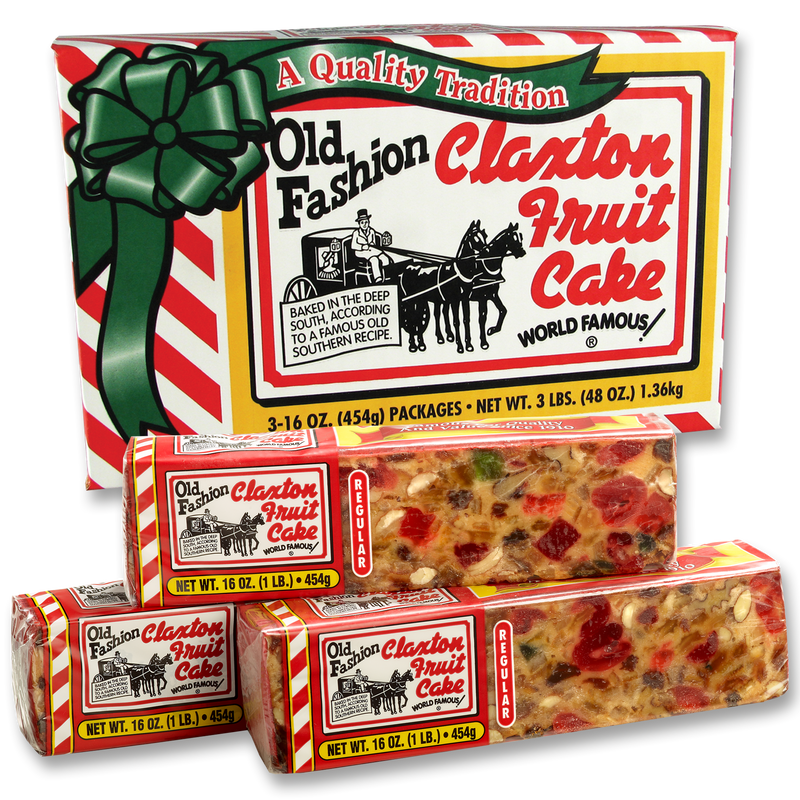 Claxton Fruit Cake 3-Pack individually wrapped 1 lb. fruit cakes in red and white gift carton